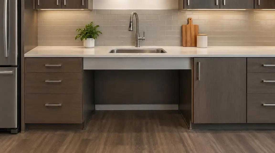 ADA-modified kitchen with lowered countertops and a wheelchair accessible kitchen sink ADA-modified kitchen with lowered countertops and a wheelchair accessible kitchen sink